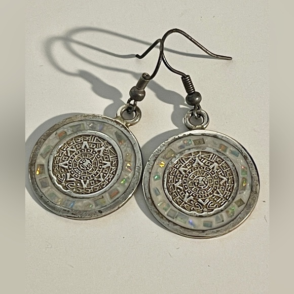 Vintage Sterling Silver & Opal Inlay Aztec Sun Calendar Earrings Made in Mexico - Picture 5 of 11